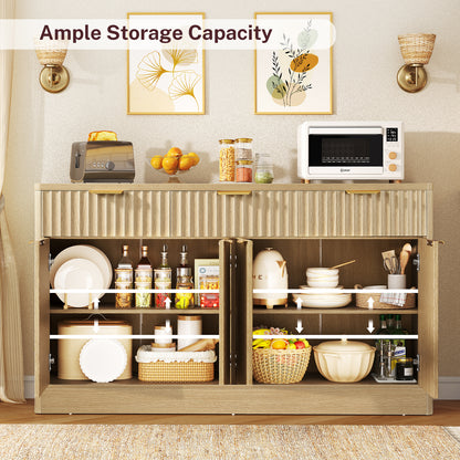 TEENEON Large Fluted Buffet Cabinet with 3 Drawers & 4 Doors, Sideboard Cabinet with 2 Adjustable Shelves, Coffee Bar Storage Cabinet for Kitchen, Living Room, Natural