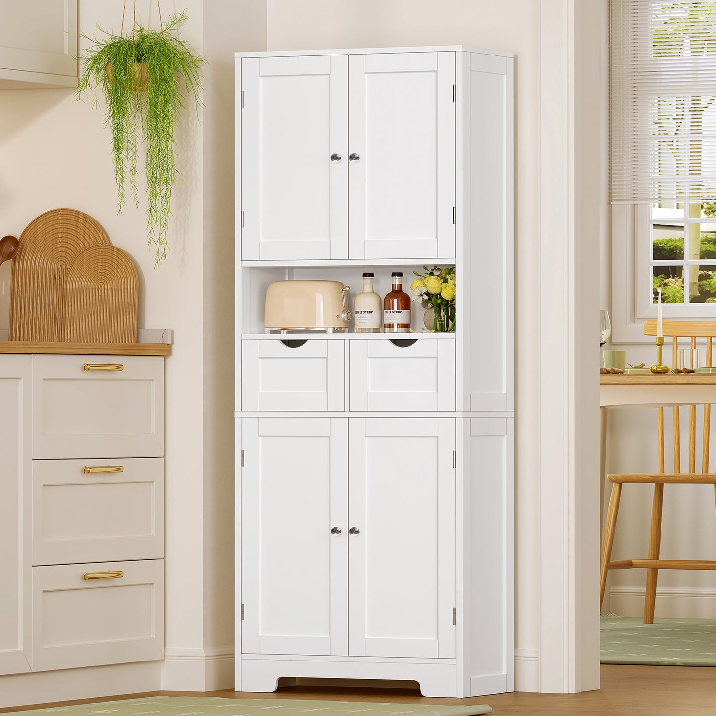 TEENFON Kitchen Pantry Cabinet with Adjustable Shelf, Tall Storage Cabinet with 2 Drawers & 4 Door Shelves, Food Pantry Cabinets, for Kitchen, Dining Room, Living Room, White