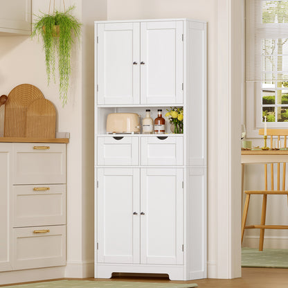 TEENFON Kitchen Pantry Cabinet with Adjustable Shelf, Tall Storage Cabinet with 2 Drawers & 4 Door Shelves, Food Pantry Cabinets, for Kitchen, Dining Room, Living Room, White