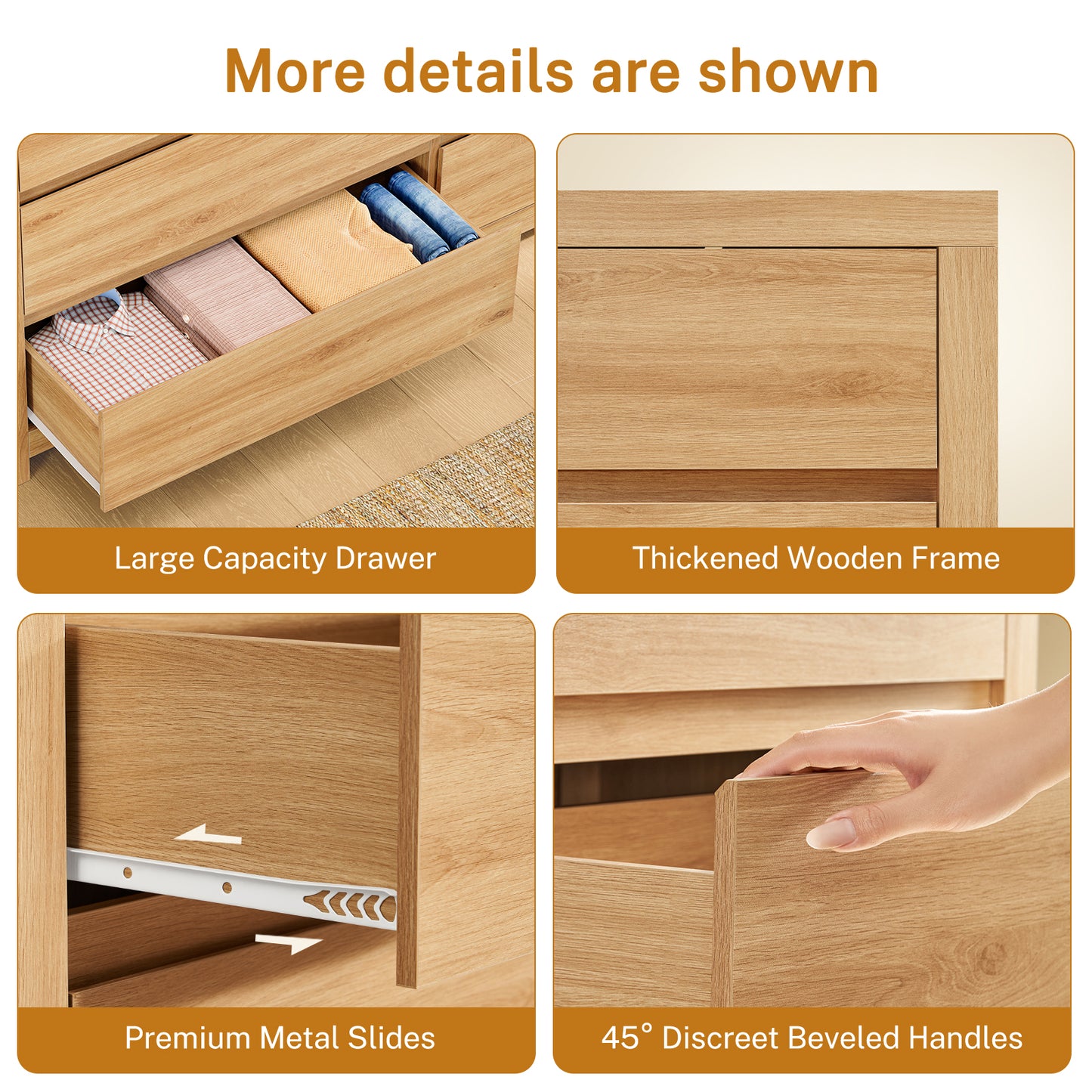 TEENFON 55" Dresser for Bedroom with 6 Drawers, Modern Dressers & Chests of Drawers with Metal Handles, Wooden Dresser TV Stand, Bedroom Dressers for Living Room, Hallway, Natural