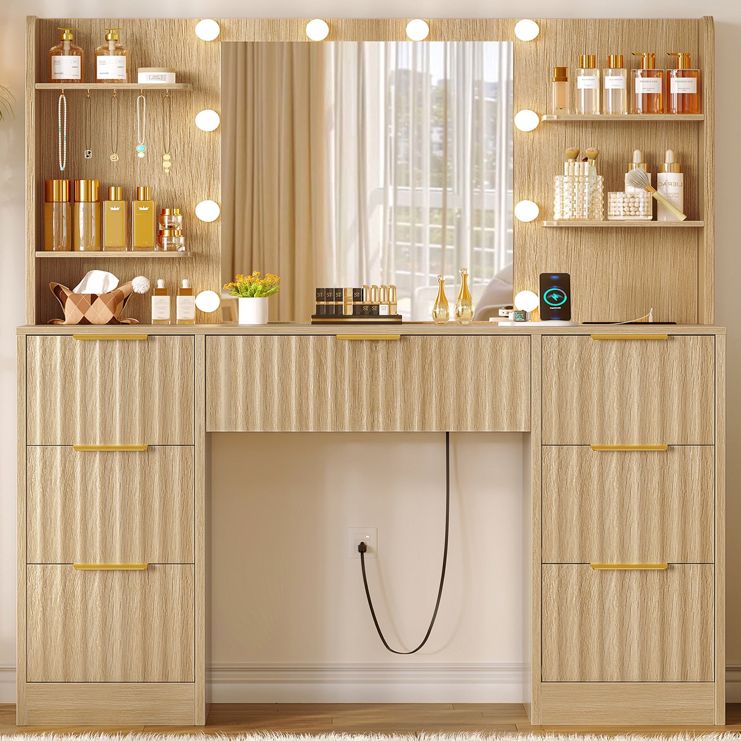 Fluted Vanity Desk with Mirror and Adjustable LED Lights, Makeup Vanity with 5 Drawers & Storage Shelves, 3 Color Modes & Adjustable Brightness, Vanity for Girls, Natural Oak