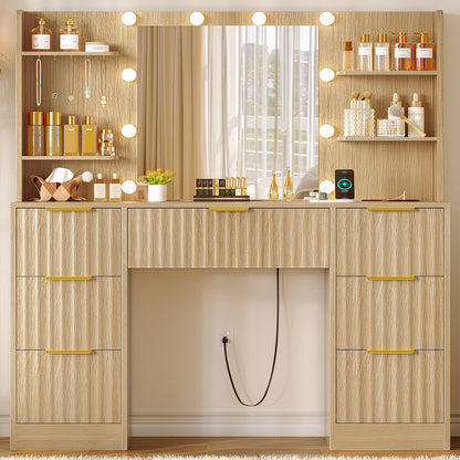 Fluted Vanity Desk with Mirror and Adjustable LED Lights, Makeup Vanity with 5 Drawers & Storage Shelves, 3 Color Modes & Adjustable Brightness, Vanity for Girls, Natural Oak