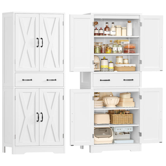 TEENFON Tall Storage Cabinet with 2 Adjustable Shelves & 1 Large Drawer, Kitchen Pantry Cabinet with 4 Doors, Bathroom Storage Cabinets, for Living Room, Kitchen, Bathroom, White