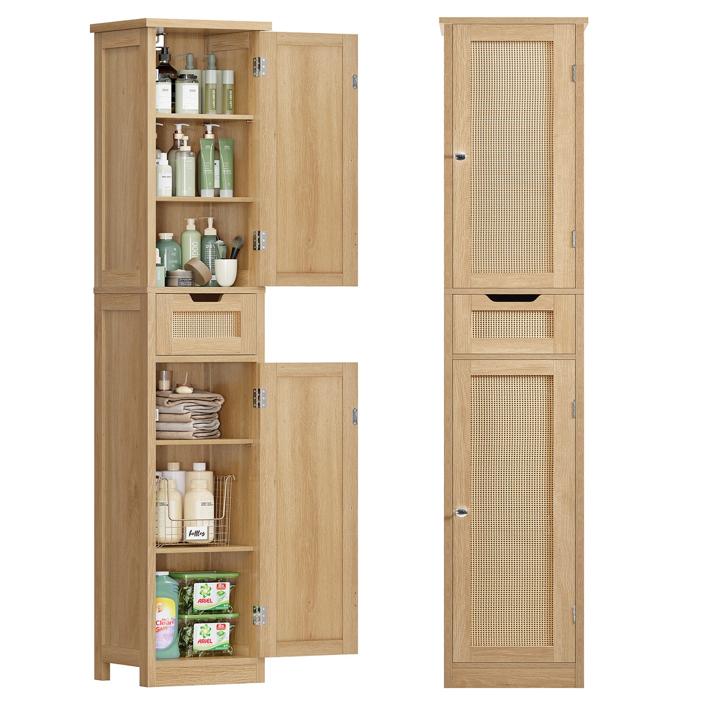 Iwell Tall Bathroom Cabinet, Slim Narrow Storage Cabinet with Adjustable Shelves, Rattan Cabinets with 1 Drawer, for Bathroom, Living Room, Entryway, Kitchen, Nature