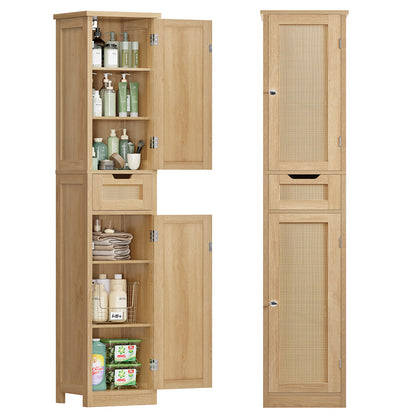 Iwell Tall Bathroom Cabinet, Slim Narrow Storage Cabinet with Adjustable Shelves, Rattan Cabinets with 1 Drawer, for Bathroom, Living Room, Entryway, Kitchen, Nature