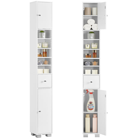 TEENFON Bathroom Cabinet, Narrow Bathroom Storage Cabinet with 5 Adjustable Shelves & Drawer, Freestanding Cupboard for Small Spaces, White