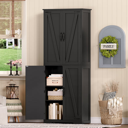TEENFON 67" Kitchen Pantry Cabinet with 4 Doors, Farmhouse Pantry Cabinet with Adjustable Shelves, Storage Cabinet for Kitchen, Bathroom, Living Room, Black