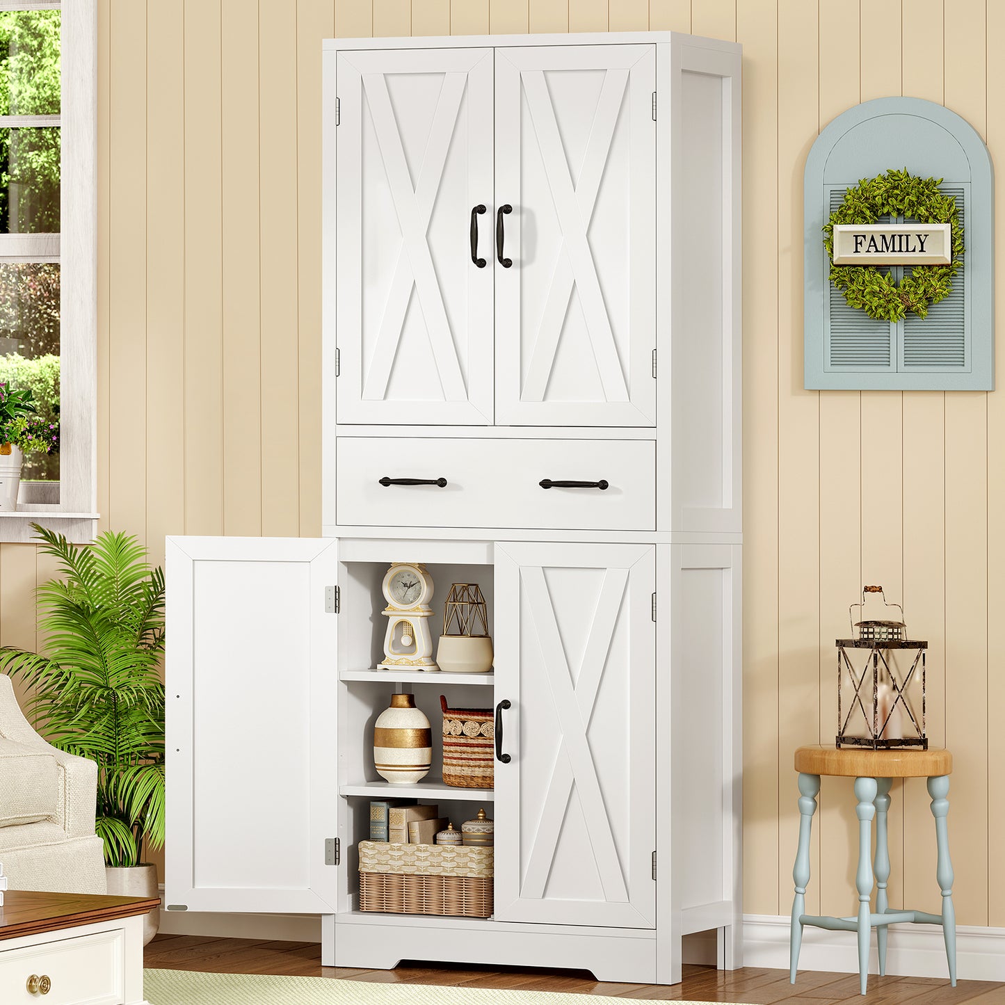 TEENFON Tall Storage Cabinet with 2 Adjustable Shelves & 1 Large Drawer, Kitchen Pantry Cabinet with 4 Doors, Bathroom Storage Cabinets, for Living Room, Kitchen, Bathroom, White