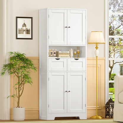 TEENFON Kitchen Pantry Cabinet with Adjustable Shelf, Tall Storage Cabinet with 2 Drawers & 4 Door Shelves, Food Pantry Cabinets, for Kitchen, Dining Room, Living Room, White