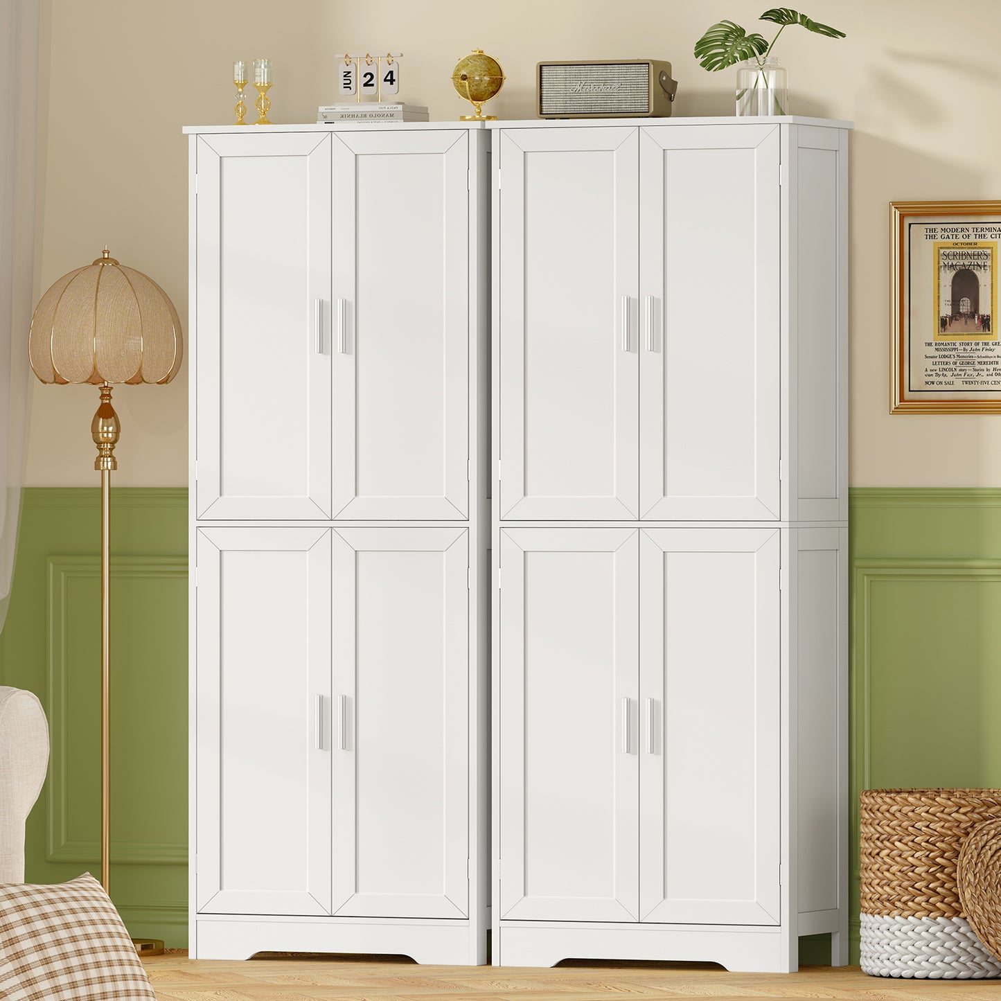 TEENFON 67” Storage Cabinet, Kitchen Pantry Cabinet with 4 Doors and 2 Adjustable Shelves, Cupboard, Tall Bathroom Cabinets for Dining Room, Living Room, White