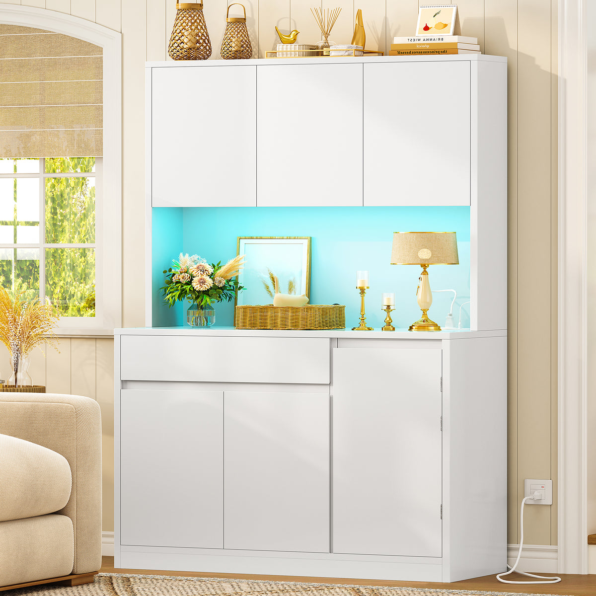 39.4"W Pantry Cabinet with Charging Station, Kitchen Pantry Cabinet, Kitchen Hutch Storage Cabinet with Microwave Stand & LED Light, Coffee Bar with Door Shelves for Dining Room, 6 Doors, White