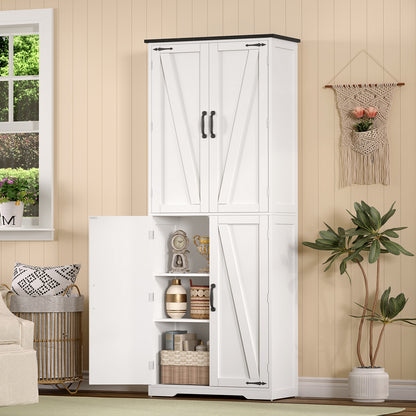 TEENFON 67" Kitchen Pantry Cabinet with 4 Doors, Farmhouse Pantry Cabinet with Adjustable Shelves, Storage Cabinet for Kitchen, Bathroom, Living Room, White