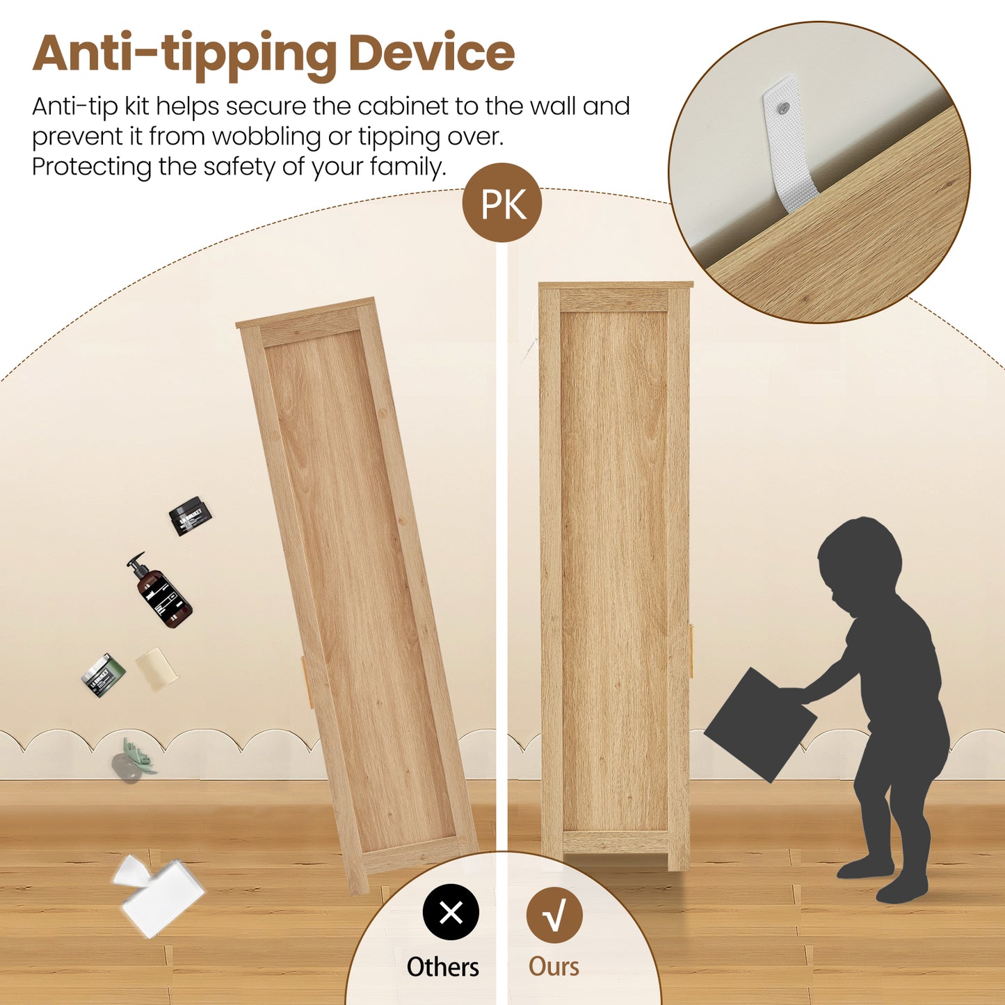 TEENFON Storage Cabinet with 2 Drawers & Adjustable Shelves, Rattan Cabinet, Kitchen Pantry Cabinets, Cupboard for Living Room, Kitchen, Home Office, Natural