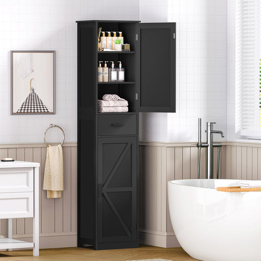 TEENFON Tall Bathroom Cabinet, Storage Cabinet with 6 Shelves & Drawer, Bathroom Storage Cabinet with Adjustable Shelves, Tall Cabinet for Living Room, Home Office, Black