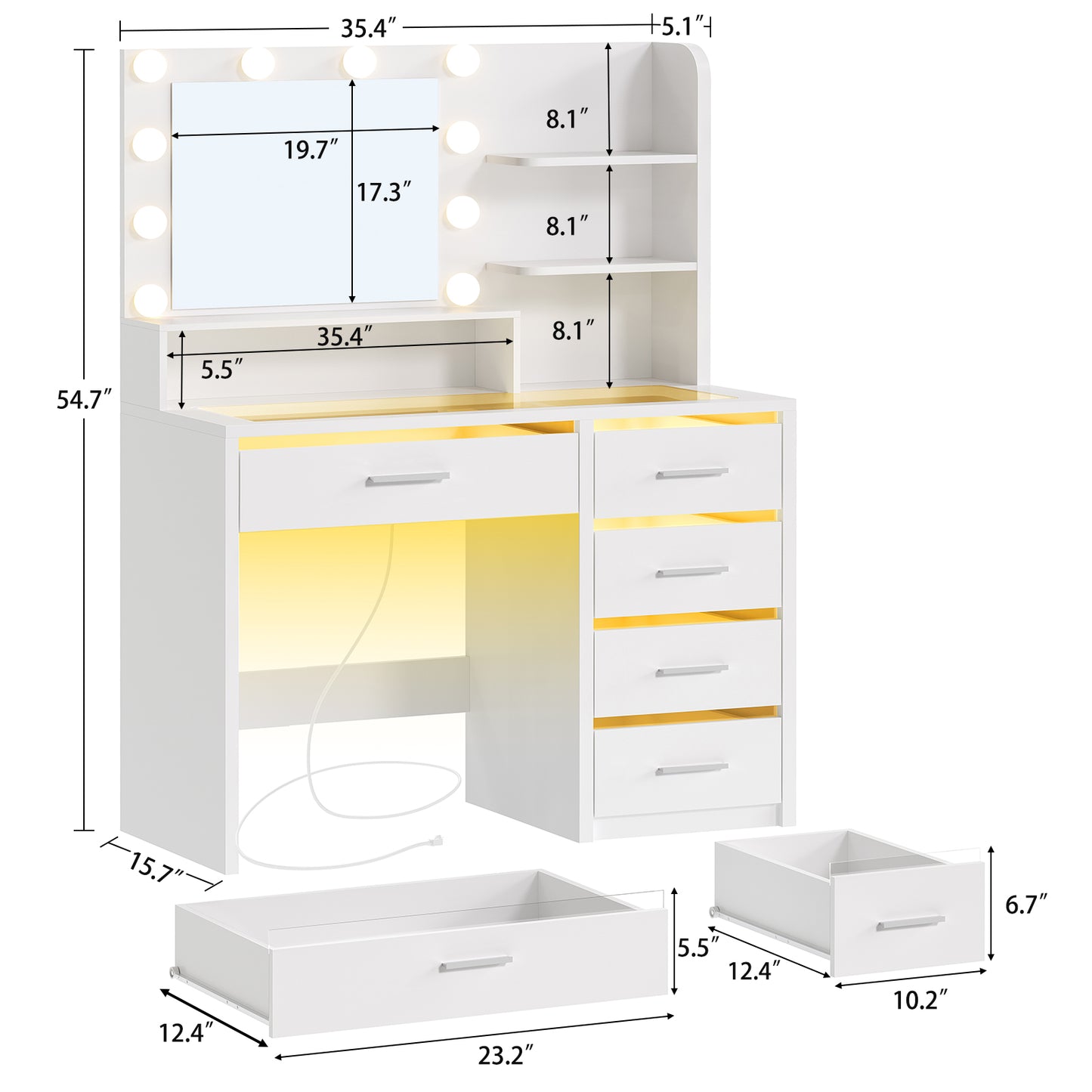Vanity Desk with Mirror and Lights, Makeup Vanity with Glass Top
