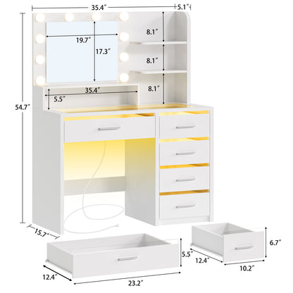 Vanity Desk with Mirror and Lights, Makeup Vanity with Glass Top