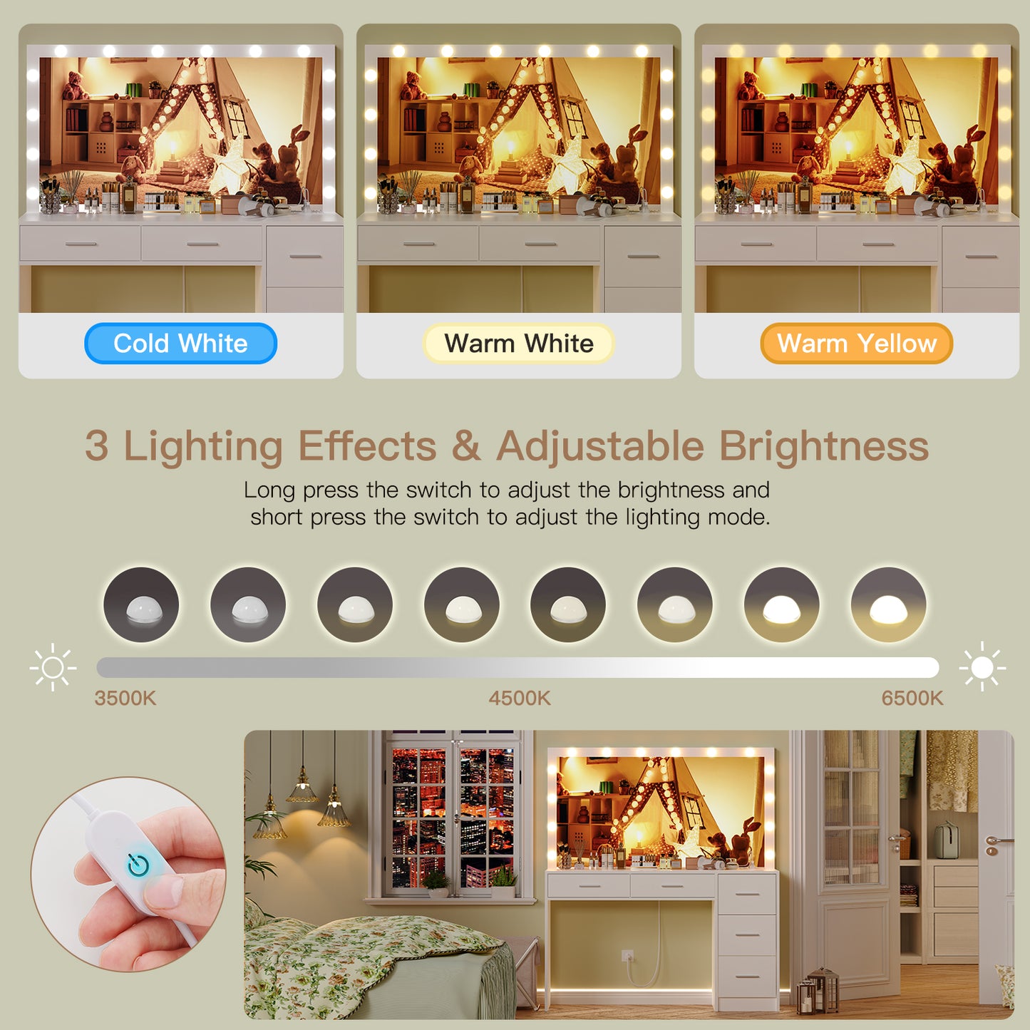 TEENFON 47.2" Large Vanity Desk with Mirror & 14 LED Lights, Makeup Vanity Table with 5 Drawers & Charging Station, Makeup Vanity Desk, 3 Lighting Colors, Dressing Vanity Table for Bedroom