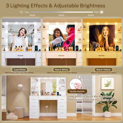TEENFON Vanity Desk with LED Light Mirror & Power Outlet, 3 Adjustable Light Color, Makeup Vanity with 7 Drawers, 4 Shelves, 5 Jewel Hooks, White Vanity for Bedroom, Girls Vanity