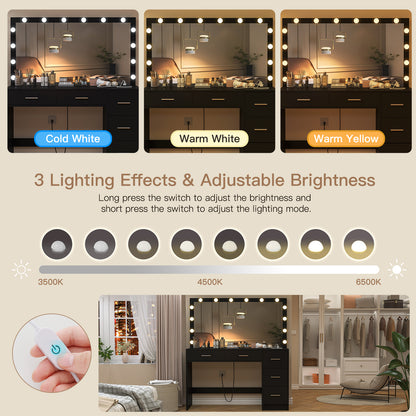 TEENFON 47.2" Large Vanity Desk with Mirror & 14 LED Lights, Makeup Vanity Table with 5 Drawers & Charging Station, Makeup Vanity Desk, 3 Lighting Colors, Dressing Vanity Table for Bedroom