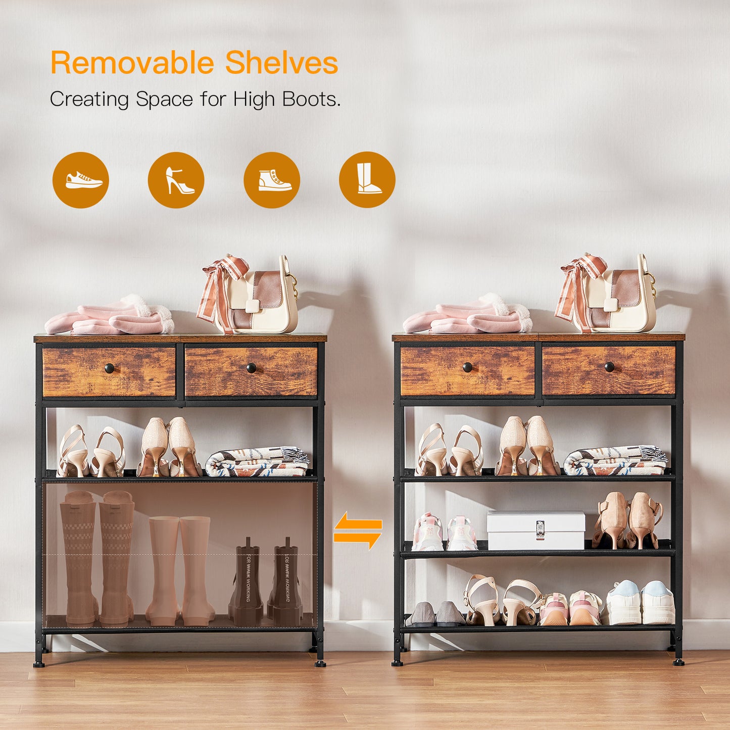 TEENFON Shoe Rack, 4 Tier Shoe Storage Organizer with 2 Drawers, Metal Shoe Shelf for 9-12 Pairs of Shoes, with 3 Oxford Fabric Shelves and Wooden Top, Shoe Stand for Entryway, Rustic Brown