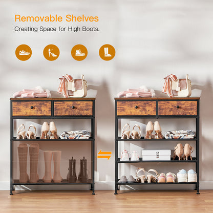 TEENFON Shoe Rack, 4 Tier Shoe Storage Organizer with 2 Drawers, Metal Shoe Shelf for 9-12 Pairs of Shoes, with 3 Oxford Fabric Shelves and Wooden Top, Shoe Stand for Entryway, Rustic Brown