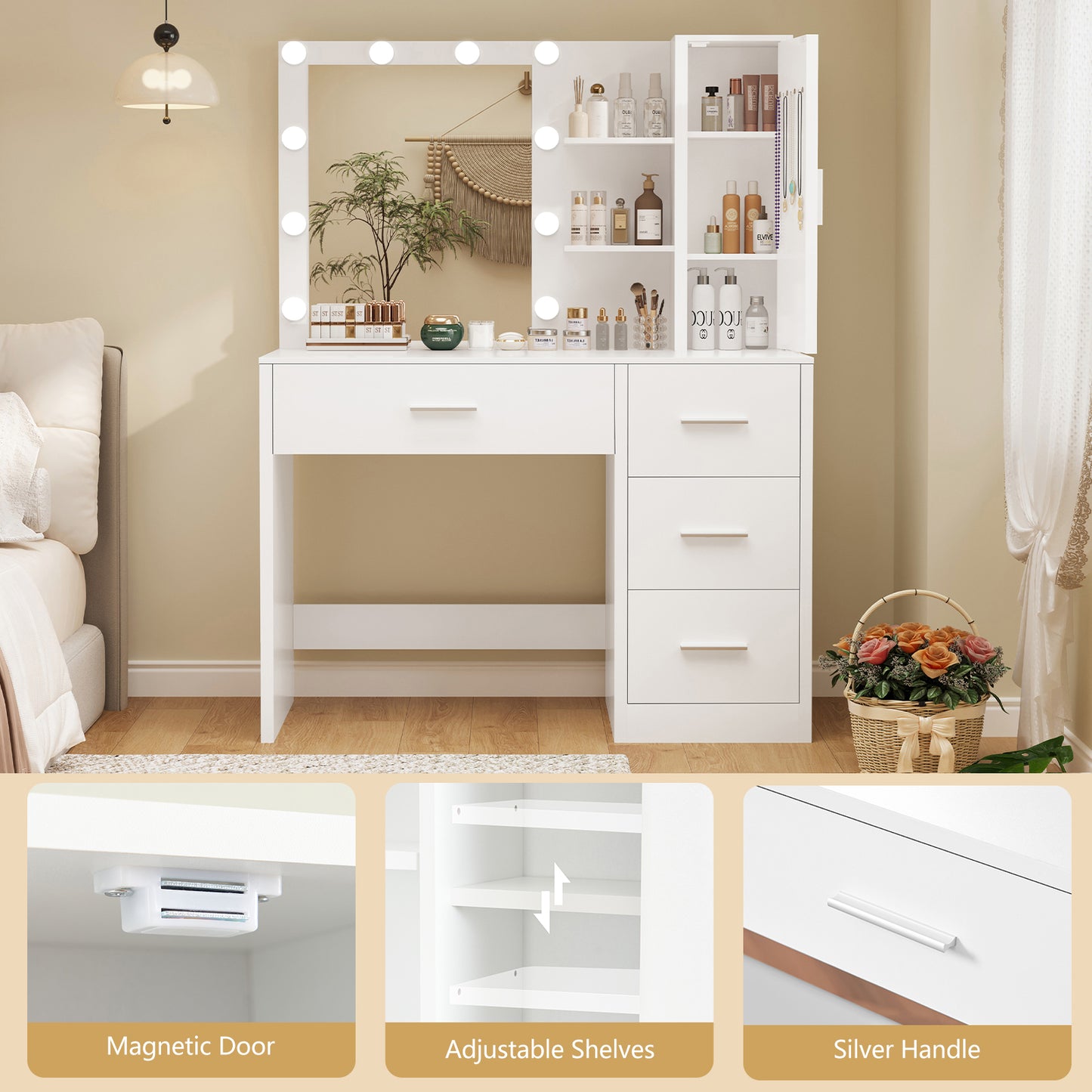 TEENFON Makeup Vanity with Lights, Vanity Desk with Mirror and 10 LED Lights, White Table with 4 Drawers, Cabinet & 4 Necklace Hooks, Dressing Table for Bedroom,Grils Vanity, White