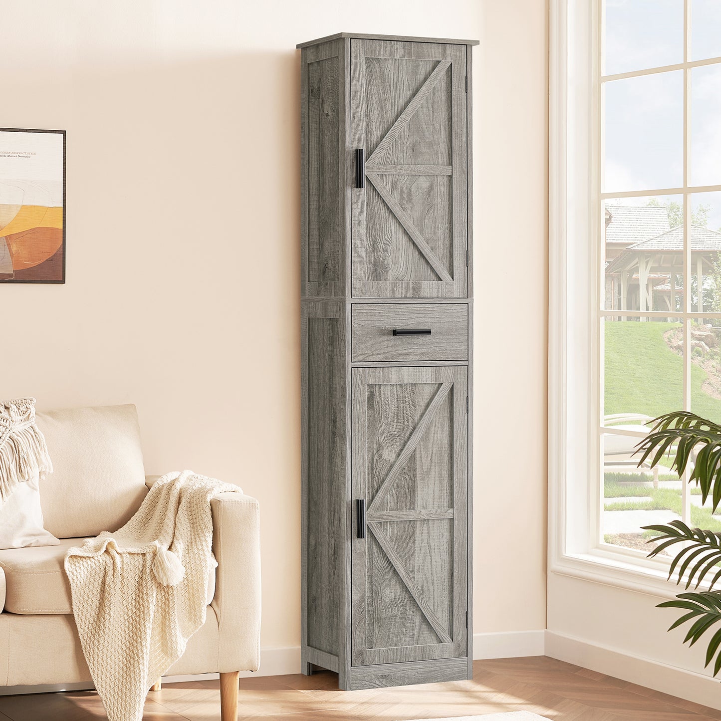 Tall Bathroom Cabinet, Storage Cabinet with 6 Shelves & Drawer, Bathroom Storage Cabinet with Adjustable Shelves, Tall Cabinet for Living Room, Home Office, Grey