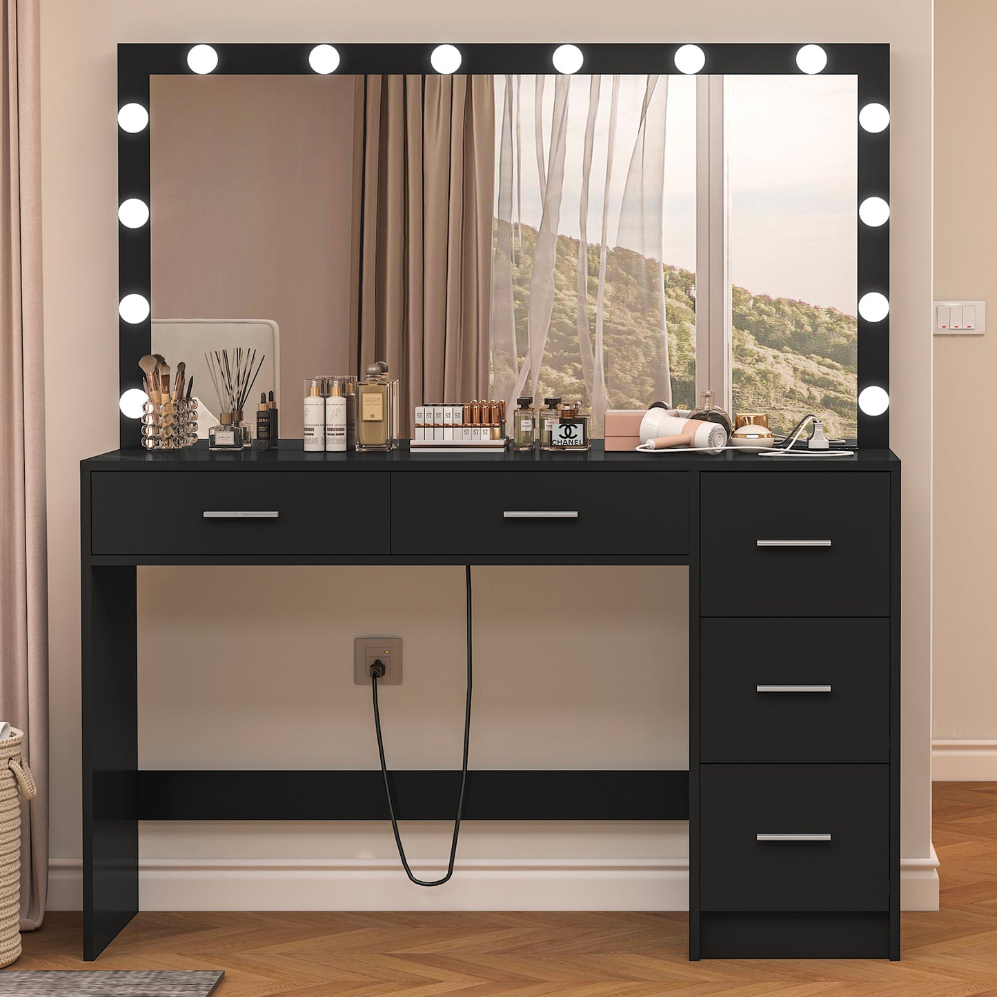 TEENFON 47.2" Large Vanity Desk with Mirror & 14 LED Lights, Makeup Vanity Table with 5 Drawers & Charging Station, Makeup Vanity Desk, 3 Lighting Colors, Dressing Vanity Table for Bedroom