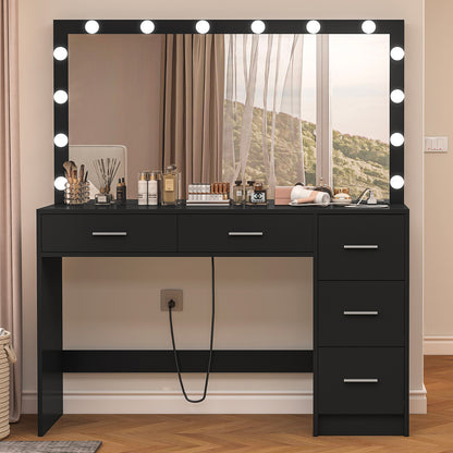 TEENFON 47.2" Large Vanity Desk with Mirror & 14 LED Lights, Makeup Vanity Table with 5 Drawers & Charging Station, Makeup Vanity Desk, 3 Lighting Colors, Dressing Vanity Table for Bedroom