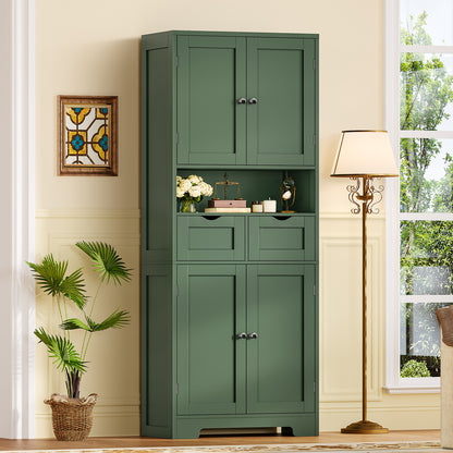 TEENFON Kitchen Pantry Cabinet with Adjustable Shelf, Tall Storage Cabinet with 2 Drawers & 4 Door Shelves, Food Pantry Cabinets, for Kitchen, Dining Room, Living Room, Green