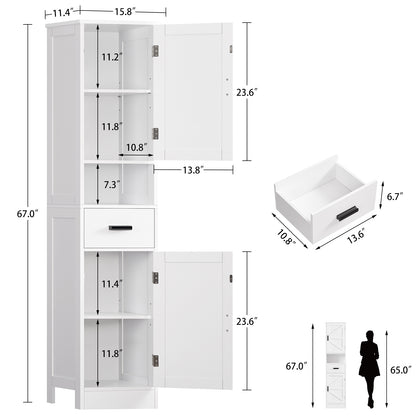 TEENFON Tall Bathroom Storage Cabinet with Barn Doors, Narrow Bathroom Cabinet with Drawer, Narrow Storage Unit, Adjustable Shelves, Floor Cabinets for Living Room, Entryway, Kitchen, White