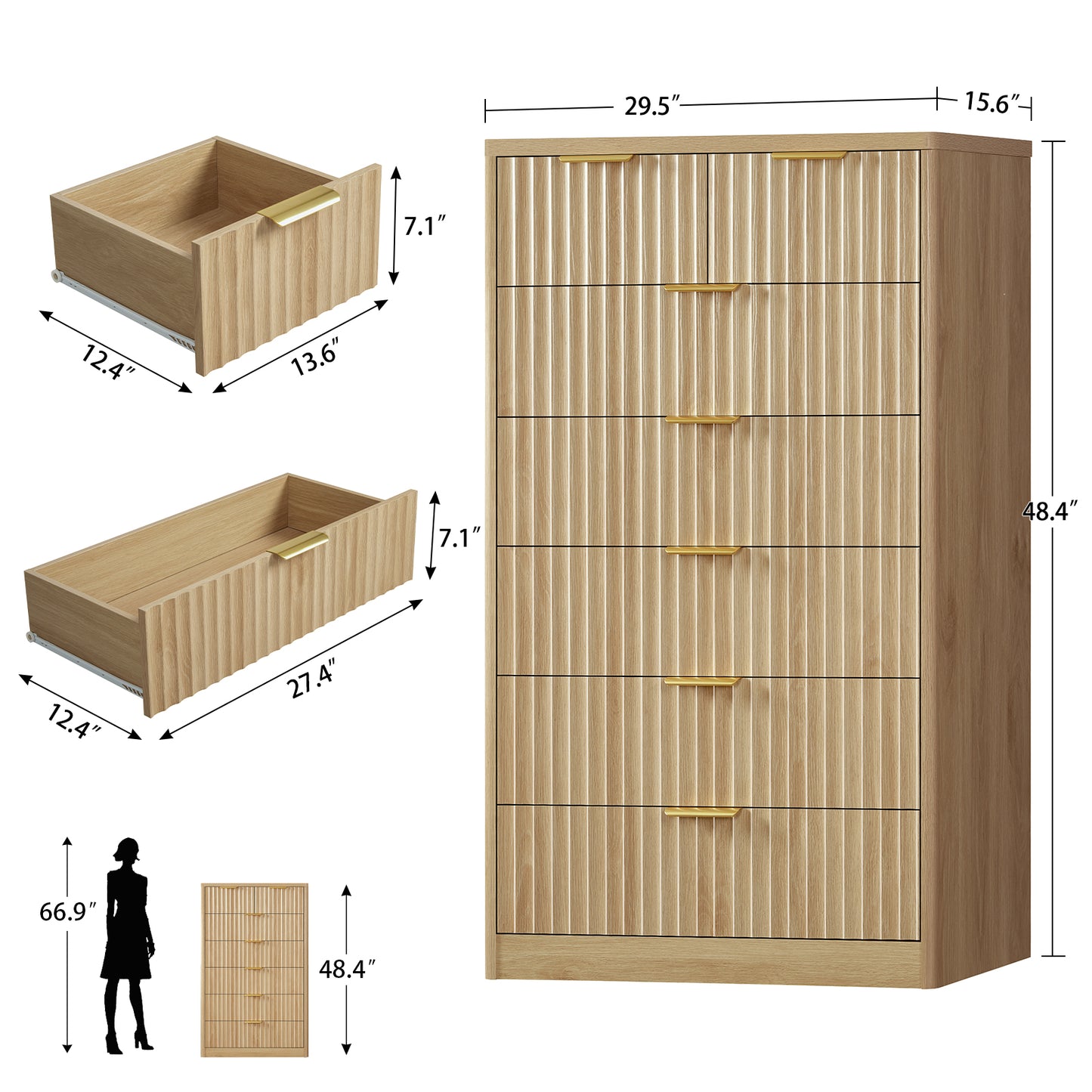 TEENOFN Fluted Dresser for Bedroom with 7 Drawers, 48" Tall Modern Chest of Drawers with Metal Handle, Wooden Dresser TV Stand, Wood Closet Clothes Storage Organizer for Living Room, Hallway, Natural