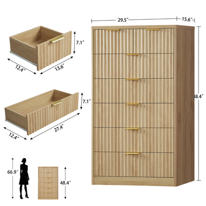 TEENOFN Fluted Dresser for Bedroom with 7 Drawers, 48" Tall Modern Chest of Drawers with Metal Handle, Wooden Dresser TV Stand, Wood Closet Clothes Storage Organizer for Living Room, Hallway, Natural