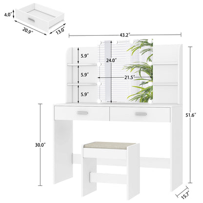 TEENFON Vanity Desk with Mirror and Lights, Makeup Vanity Set with 2 Drawers and Open Shelves, Makeup Vanity Desk Dressing Table with Cushioned Stool and 10 LED Lights, White