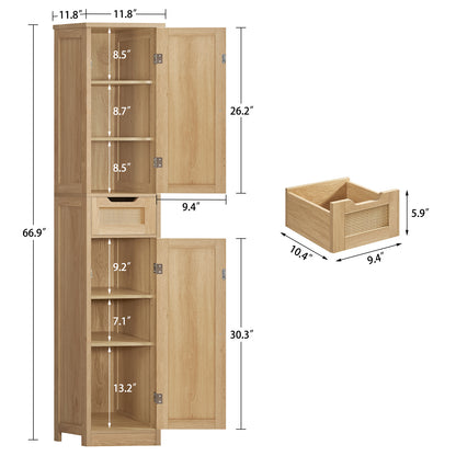 Iwell Tall Bathroom Cabinet, Slim Narrow Storage Cabinet with Adjustable Shelves, Rattan Cabinets with 1 Drawer, for Bathroom, Living Room, Entryway, Kitchen, Nature