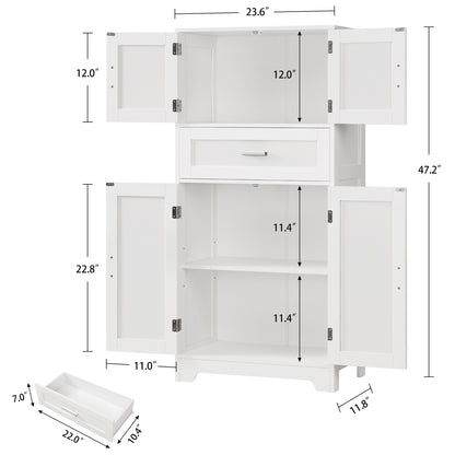 TEENFON Bathroom Storage Cabinet with Adjustable Shelf & Large Drawer, Tall Storage Cabinet with 4 Doors, Kitchen Pantry Storage Cabinets, for Living Room, Dining Room, Home Office, Entryway, White