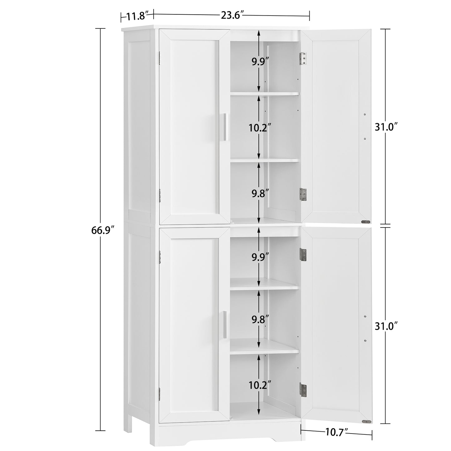 TEENFON 67” Storage Cabinet, Kitchen Pantry Cabinet with 4 Doors and 2 Adjustable Shelves, Cupboard, Tall Bathroom Cabinets for Dining Room, Living Room, White