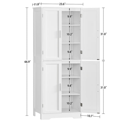 TEENFON 67” Storage Cabinet, Kitchen Pantry Cabinet with 4 Doors and 2 Adjustable Shelves, Cupboard, Tall Bathroom Cabinets for Dining Room, Living Room, White