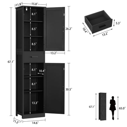 TEENFON Tall Bathroom Cabinet, Storage Cabinet with 6 Shelves & Drawer, Bathroom Storage Cabinet with Adjustable Shelves, Tall Cabinet for Living Room, Home Office, Black