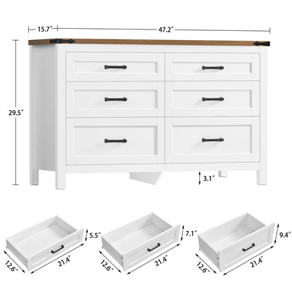 TEENFON White 6 Drawer Dresser for Bedroom, 47.2'' Farmhosue Dresser with Metal Handles, Wood Chest of Drawers, Bedroom Dressers for Living Room, Entryway, White