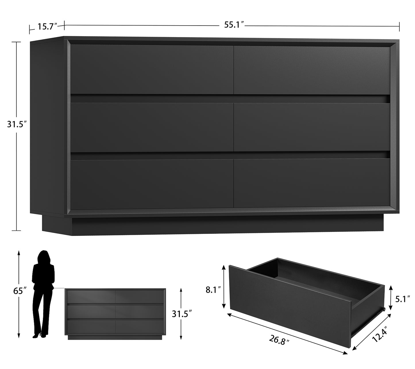 TEENFON 55" Dresser for Bedroom with 6 Drawers, Black Dresser with Metal Slide, Bedroom Dressers, Wood Dressers & Chests of Drawers for Bedroom, Hallway, Black