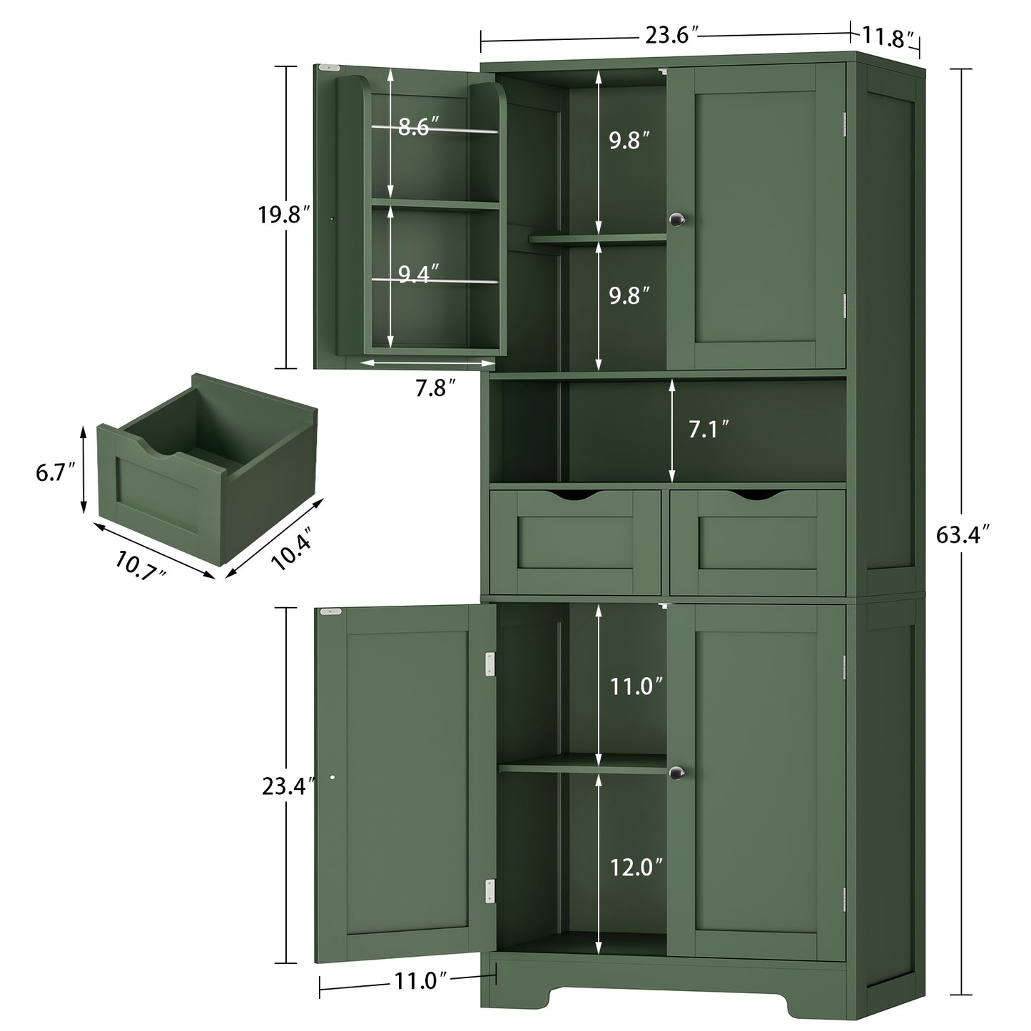 TEENFON Kitchen Pantry Cabinet with Adjustable Shelf, Tall Storage Cabinet with 2 Drawers & 4 Door Shelves, Food Pantry Cabinets, for Kitchen, Dining Room, Living Room, Green