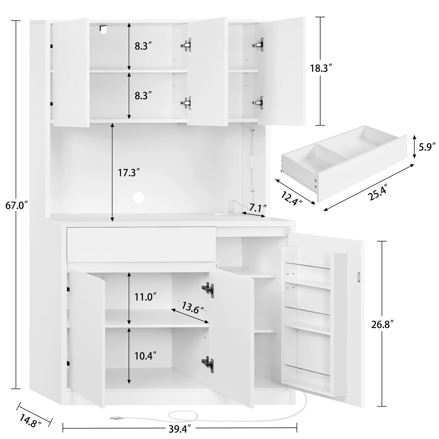 TEENFON Pantry Cabinet with Charging Station and LED Light, Kitchen Pantry Cabinet with Microwave Stand, Kitchen Storage Cabinets with Adjustable Shelves and Door Shelves for Dining Room, White