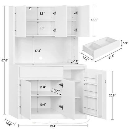 TEENFON Pantry Cabinet with Charging Station and LED Light, Kitchen Pantry Cabinet with Microwave Stand, Kitchen Storage Cabinets with Adjustable Shelves and Door Shelves for Dining Room, White