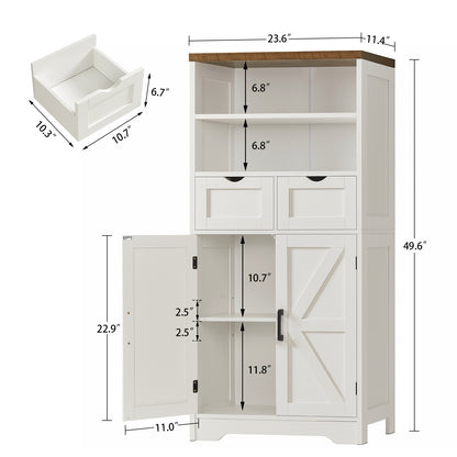 TEENFON Storage Cabinet with Doors & 2 Drawers, Kitchen Cabinet with Adjustable Shelf, Pantry Cabinets, Bathroom Cabinets, for Living Room, Entryway, Home Office, White