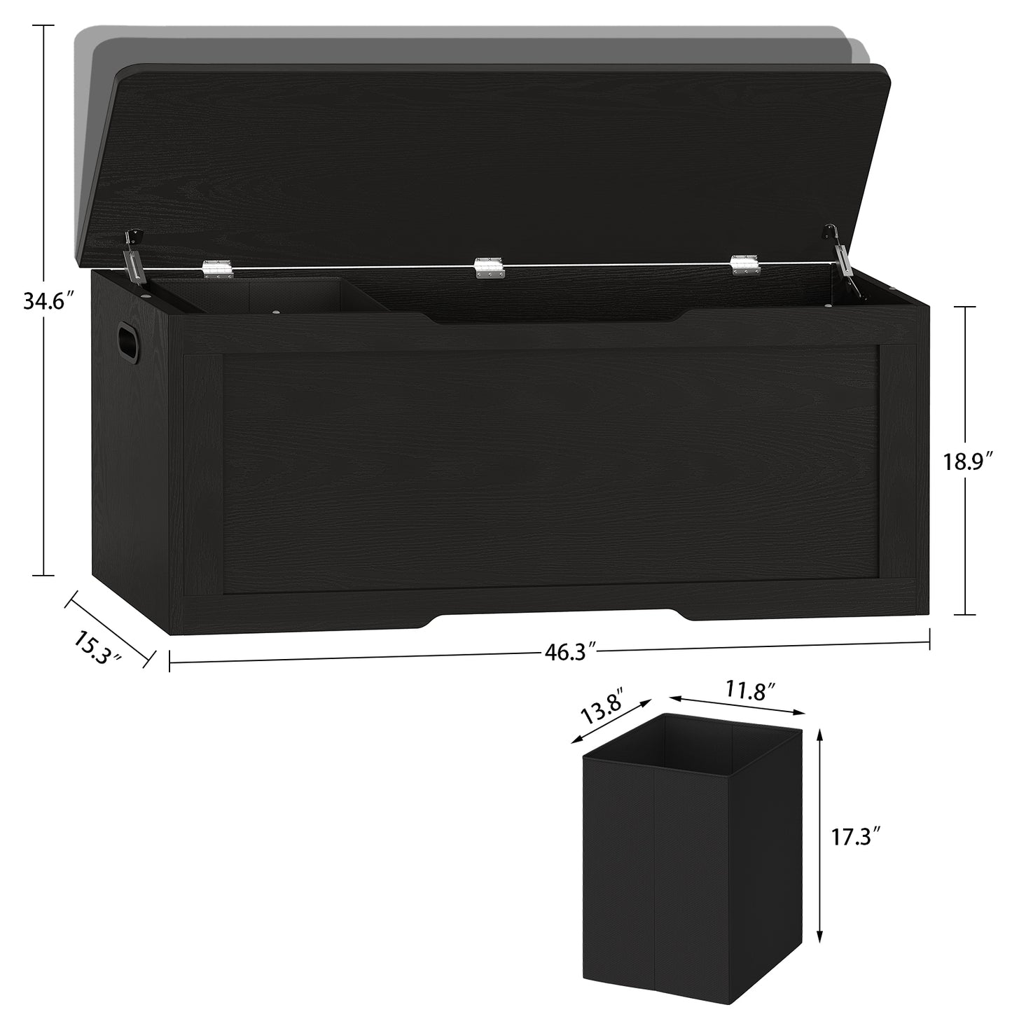 TEENFON 47.2" Large Storage Chest with Fabric Drawer, Toy Box with Safety Hinges, Extra Wide Storage Bench for Bedroom, Living Room, Entryway, Supports 300 lb, Black
