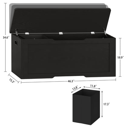 TEENFON 47.2" Large Storage Chest with Fabric Drawer, Toy Box with Safety Hinges, Extra Wide Storage Bench for Bedroom, Living Room, Entryway, Supports 300 lb, Black