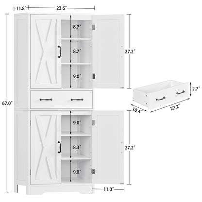 TEENFON Tall Storage Cabinet with 2 Adjustable Shelves & 1 Large Drawer, Kitchen Pantry Cabinet with 4 Doors, Bathroom Storage Cabinets, for Living Room, Kitchen, Bathroom, White