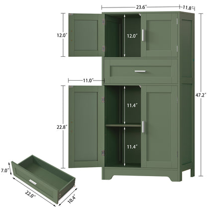 TEENFON Bathroom Floor Storage Cabinet with Adjustable Shelf, Freestanding Storage Cabinet with 4 Doors, Cupboard for Living Room, Home Office, Entryway, Forest Green