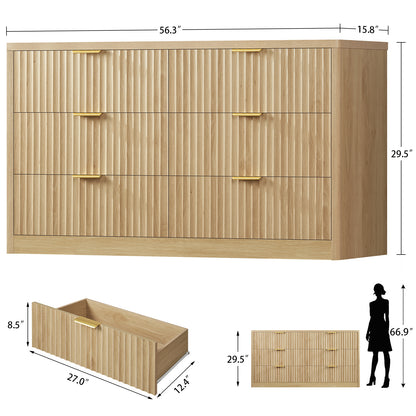 TEENFON 56.3'' Dresser for Bedroom with 6 Drawers, Dressers & Chest of Drawers with Curved Profile Design, 6 Drawer Dresser, Fluted Dressers, Wood Dressers for Bedroom, Living Room, Natural